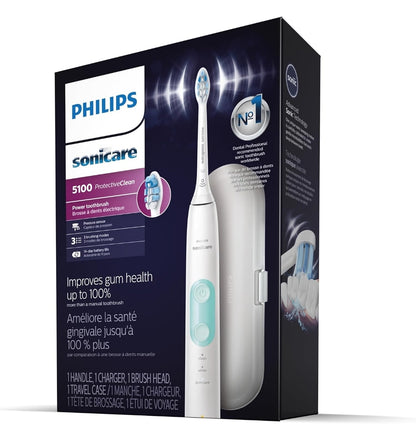 Philips Sonicare ProtectiveClean 5100 Herlaaibare Elektriese Tandeborsel, met Druksensor, 3 Skoonmaakmodusse, SmarTimer en QuadPacer Reiskas - Wit, Model HX6857/11