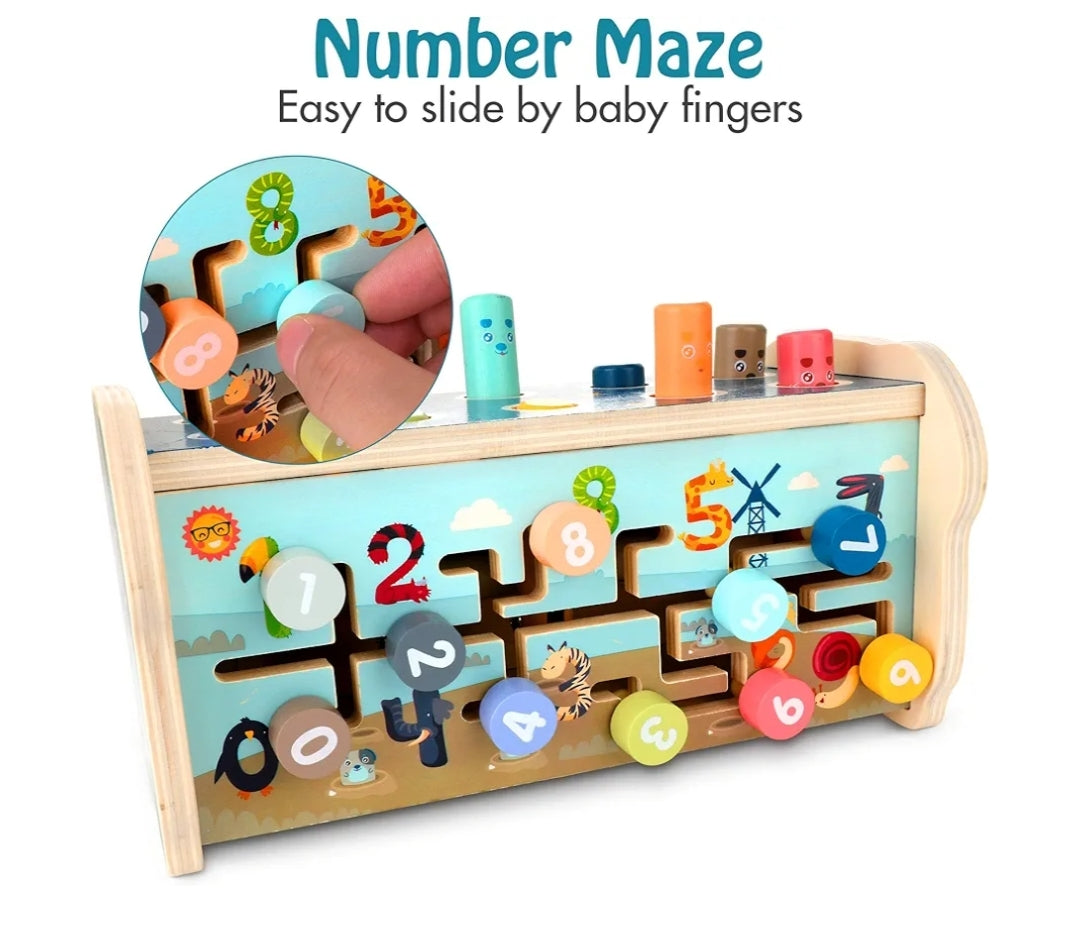 Pounding Bench Educational Toy Wooden Hammering & Activity Board w/ Xylophone, Number Maze