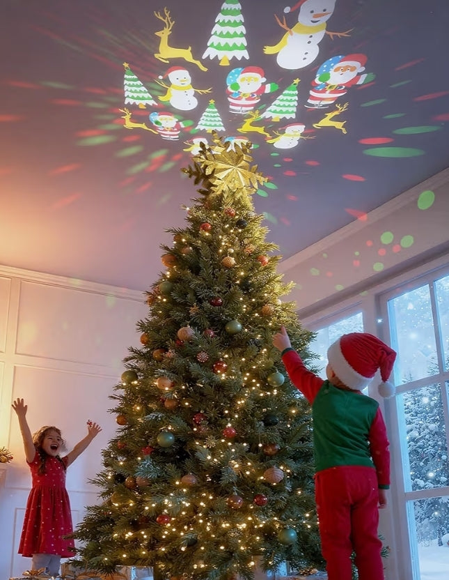 Christmas Tree Topper Lighted w/ 6 Projected Patterns, Led Rotating Magic Snowflake, 3D Hollow Glitter Lighted Decorations - (Gold)