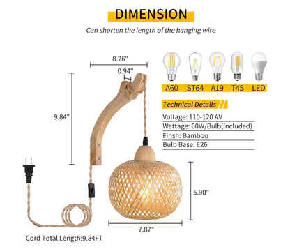 Bamboes Rotting Muurkandelaarstel van Twee Inprop-lamp met Inpropkoord, Beligtingstoebehore met 9.84FT Aan/Af-skakelaarskoord