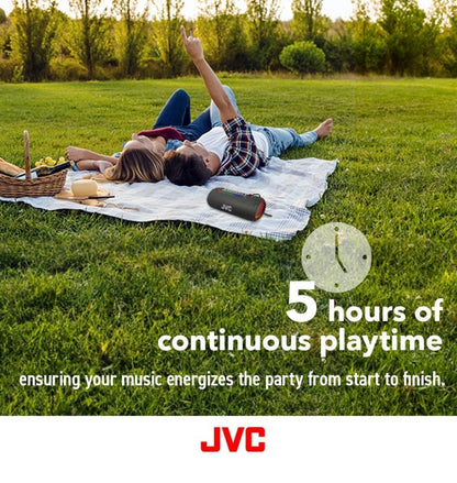 JVC Verligte Draagbare Koordlose Luidspreker met 20W maksimum uitsette, Dinamiese Klank, Bluetooth 5.0, TWS-vermoë, USB-C, IPX5, AUX-in, tot 5-uur batterylewe - SPPA5BTB (Swart)