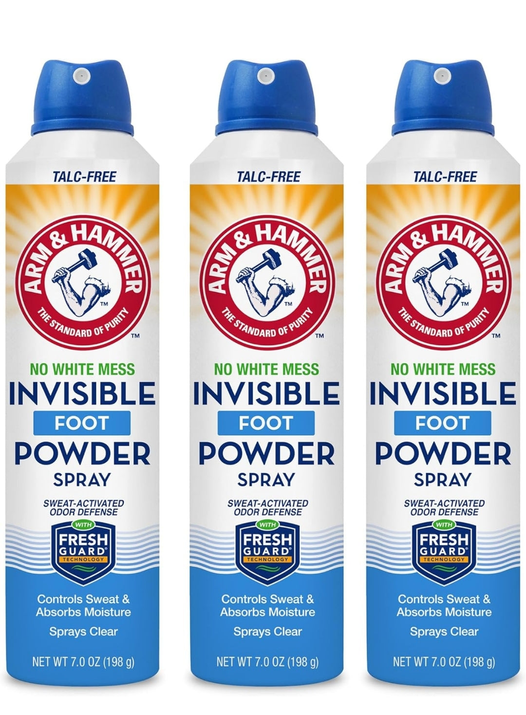 Arm & Hammer Invisible Foot Powder Spray, Clear Talc-Free Foot Odor & Sweat Control Odor Eliminator 7oz (3 Pack)
