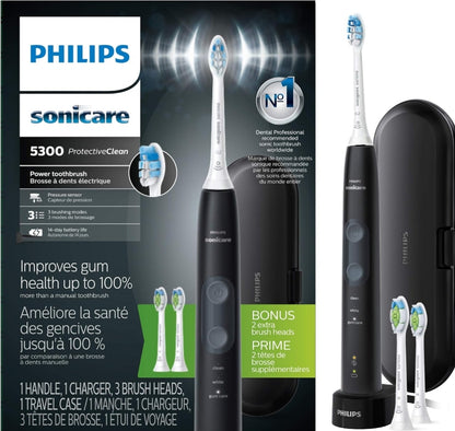 Philips Sonicare ProtectiveClean 5300 Herlaaibare Elektriese Tandeborsel, met Druksensor, 3 Skoonmaakmodusse, SmarTimer en QuadPacer, met 2 Bonus Borselkoppe, Reistas, Swart, Model HX6423/34