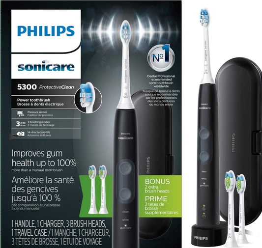 Philips Sonicare ProtectiveClean 5300 Herlaaibare Elektriese Tandeborsel, met Druksensor, 3 Skoonmaakmodusse, SmarTimer en QuadPacer, met 2 Bonus Borselkoppe, Reistas, Swart, Model HX6423/34