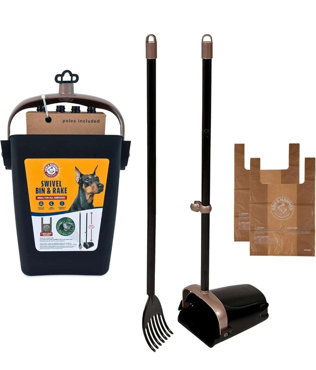 Arm & Hammer Dog Pooper Scooper Swivel Bin & Rake - Black (2 Heavy Duty Scented Waste Bags Included)
