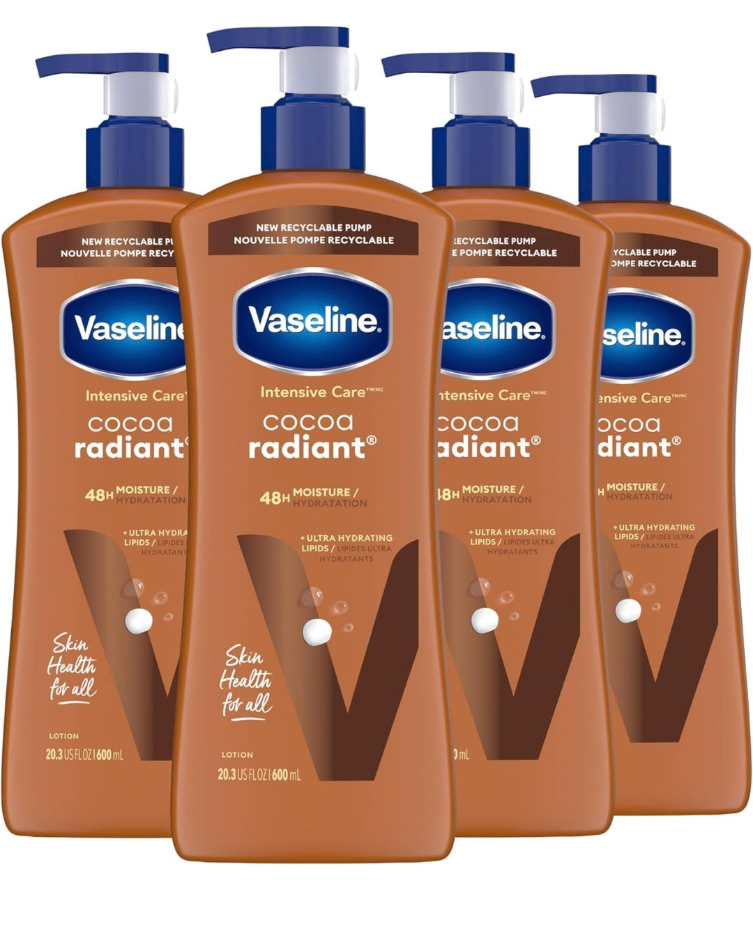 Vaseline Intensive Care Body Lotion Cocoa Radiant 4 Count for Dry Skin Lotion Made with Ultra-Hydrating Lipids and Pure Cocoa Butter for a Long-Lasting, Radiant Glow 20.3 Oz