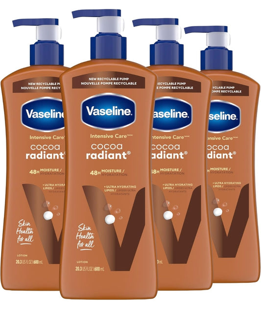 Vaseline Intensive Care Body Lotion Cocoa Radiant, 4-pak vir Droë Vel, Lotion Gemaak met Ultra-Hidrerende Lipiede en Suiwer Kakao Botter vir 'n Langdurige, Stralende Gloed 20.3 Oz