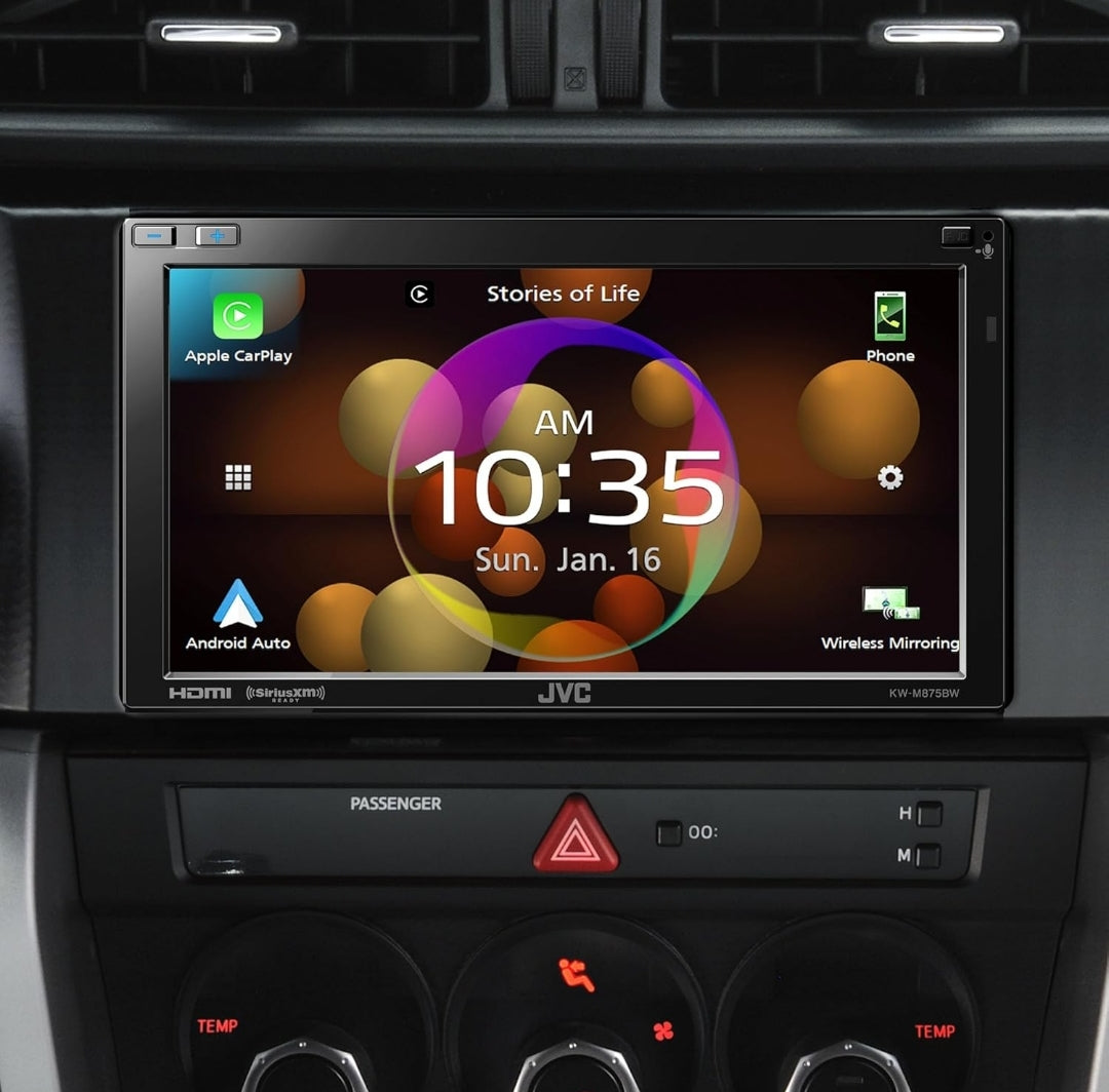JVC Ingeboude Wi-Fi vir Draadlose CarPlay Android Auto, 6.8" LCD-raakskerm, AM/FM, Bluetooth, MP3-speler, USB-poort, Dubbel DIN, 13-band EQ, SiriusXM Motorradio