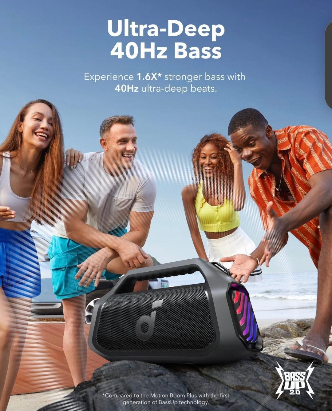 Soundcore Boom 2 Plus By Anker, Outdoor Speaker, 140W, 2+2 Channel, BassUp 2.0, 20H Playtime, Fast Charge, IPX7 Waterproof, RGB Lights, Power Bank, Bluetooth 5.3, Portable for Outdoors, Camping, Beach