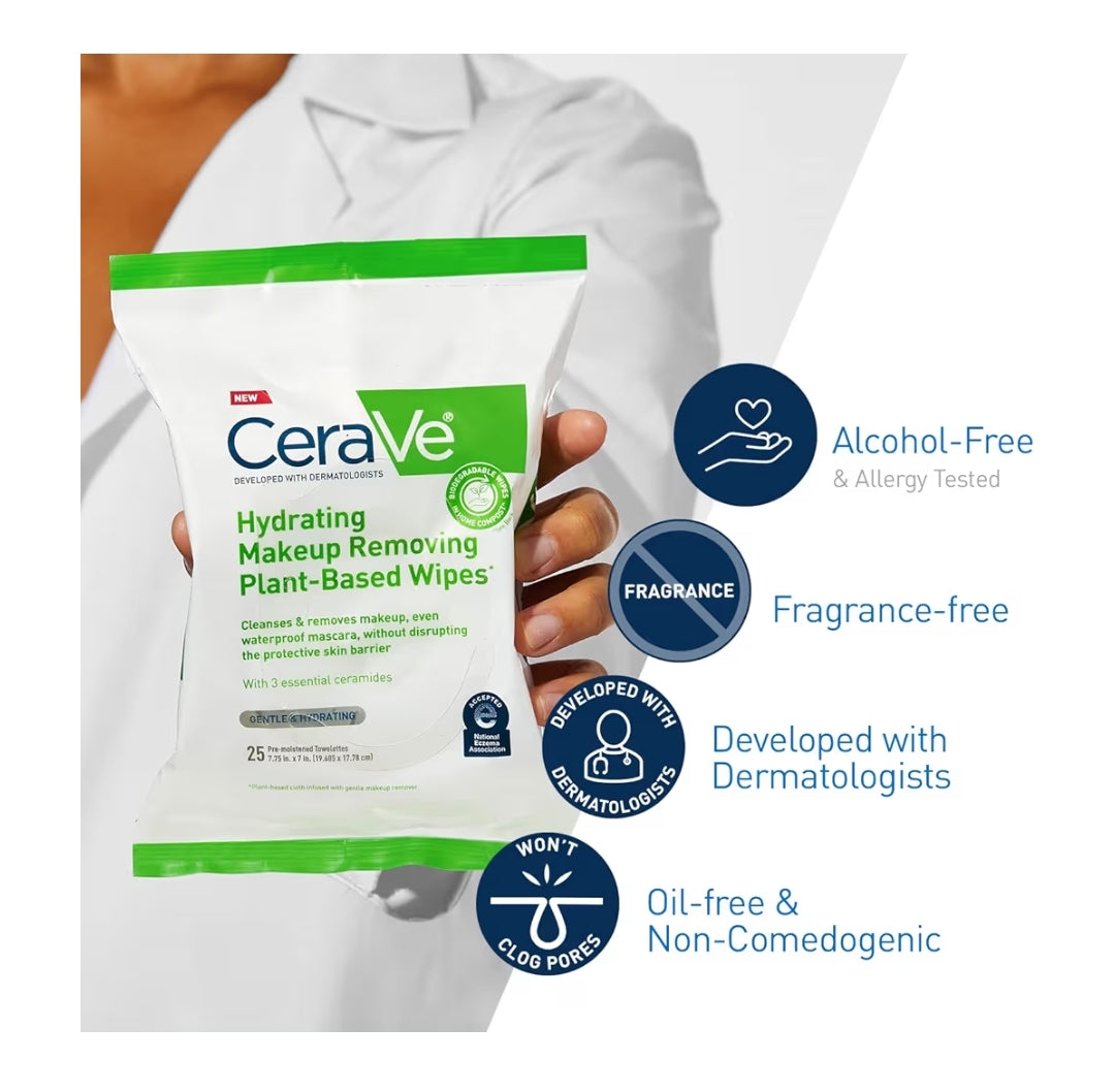 CeraVe Grimeringverwyderingsdoekies, Plantgebaseerde Gesigsdoekies Waterlose Gesigwas Geskik vir Sensitiewe Vel Nie-komedogenies (25st)