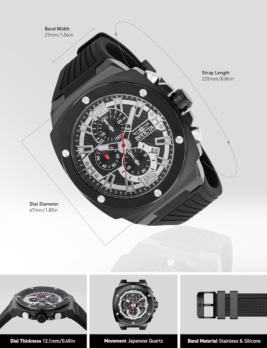 INVICTA Racing Men 47mm Stainless Steel Black + Steel Black dial VD57 Quartz