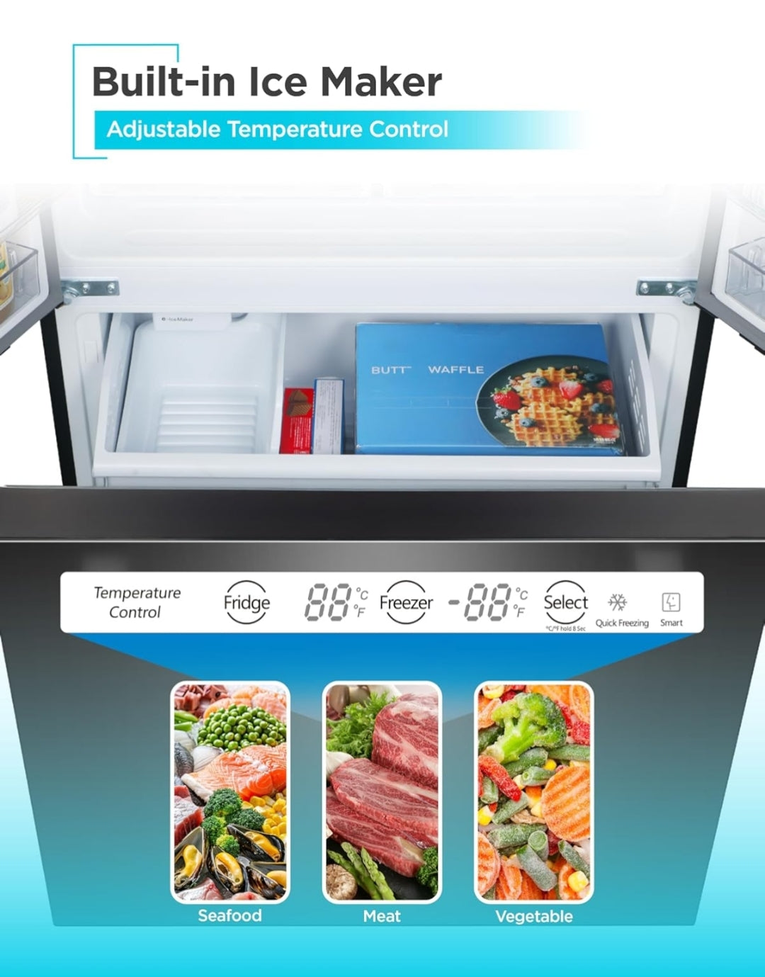 BLACK+DECKER 18 Cu. Ft. Franse Deur Yskas met Ingeboude Ysmaker, Volgrootte Yskas met Ondergemonteerde Vrieslaai, Rypvry, ENERGY STAR-gesertifiseer, BRF1800GIMB, Swart