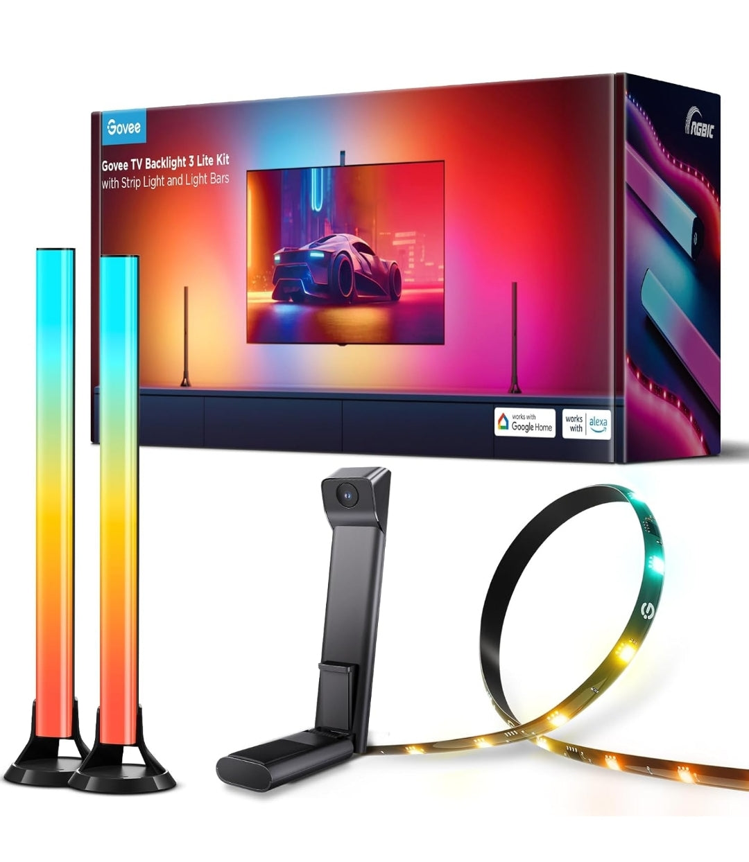 Govee TV Backlight 3 Lite Kit, 11.8ft RGBICW Wi-Fi TV LED Strip Lights for 55-65in TVs with Camera and 15 Inches Smart Light Bars with 4-in-1 Light Beads - Works with Alexa & Google Home