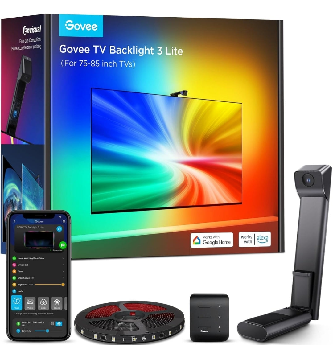TV Backlight 3 Lite with Fish-Eye Correction Function Sync to 75-85 Inch TVs, 16.4ft RGB Wi-Fi LED Strip Lights w/ Camera, 4 Colors in 1 Lamp Bead, Voice and APP Control