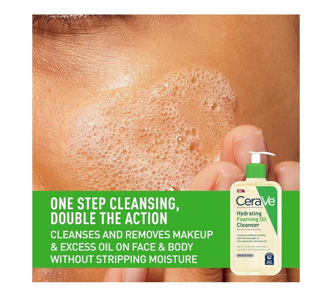 CeraVe Hydrating Foaming Oil Cleanser, Bevogtigende Reiniger met Squalane Olie + Hialuroonsuur + Ceramiede, Vir Droë tot Baie Droë Vel (236 ml)