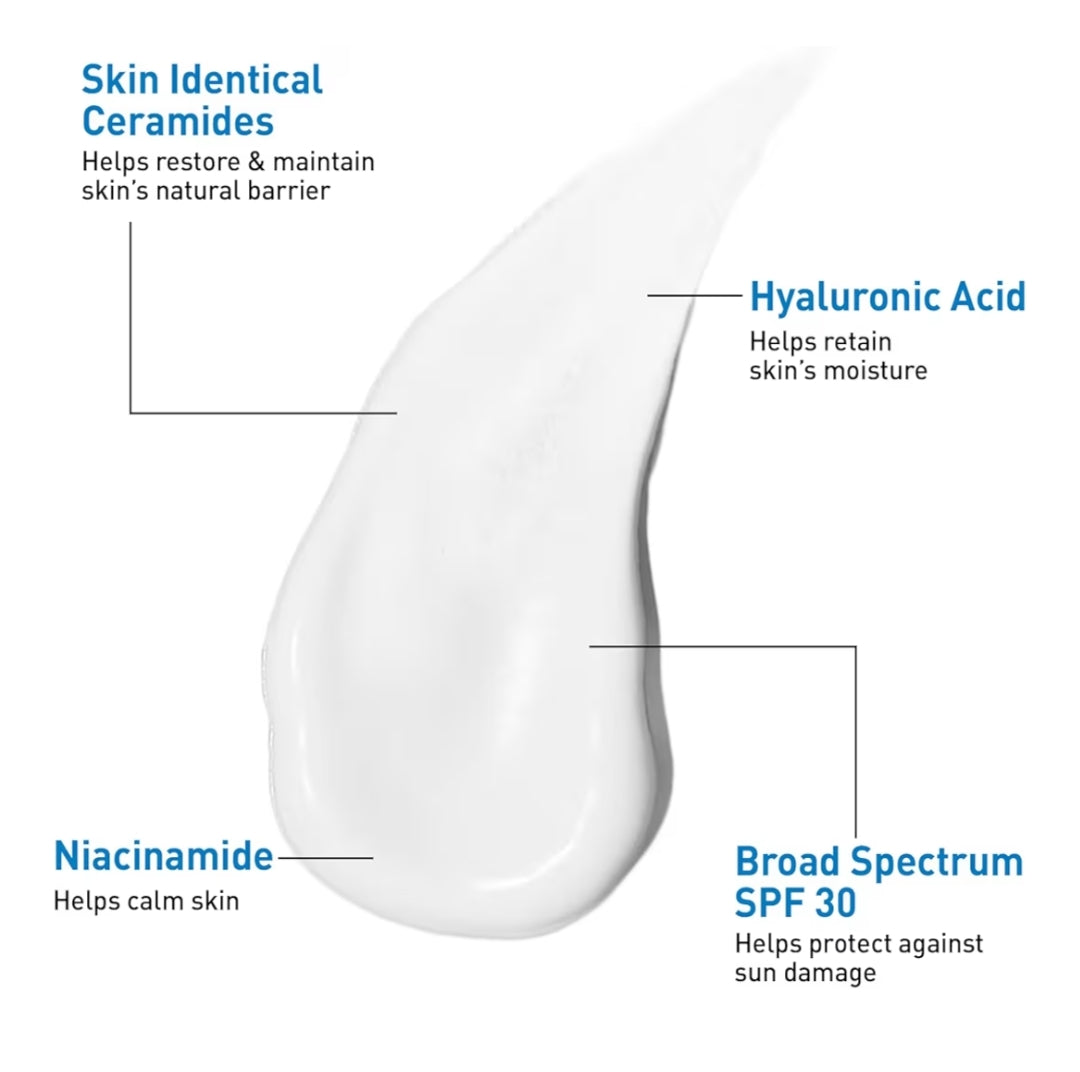 CeraVe AM Gesigsbevogtigende Lotion met SPF 30, Olievrye Gesigsbevogtiger met Hialuronzuur, Niasienamied en Seramiede, Nie-komedogenies (85 g)