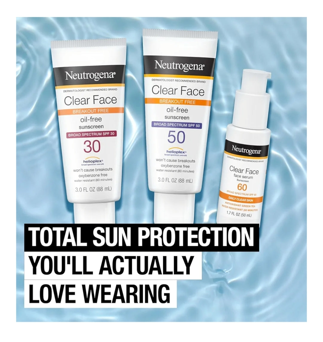 Neutrogena Clear Face Sonskermroom vir Aknee-geneigde Vel SPF 50 Vry van Geur en Oksibensoon Waterbestand Dubbelpak (88.7 ml)