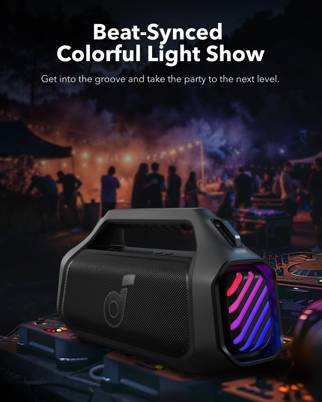 Soundcore Boom 2 Plus By Anker, Outdoor Speaker, 140W, 2+2 Channel, BassUp 2.0, 20H Playtime, Fast Charge, IPX7 Waterproof, RGB Lights, Power Bank, Bluetooth 5.3, Portable for Outdoors, Camping, Beach