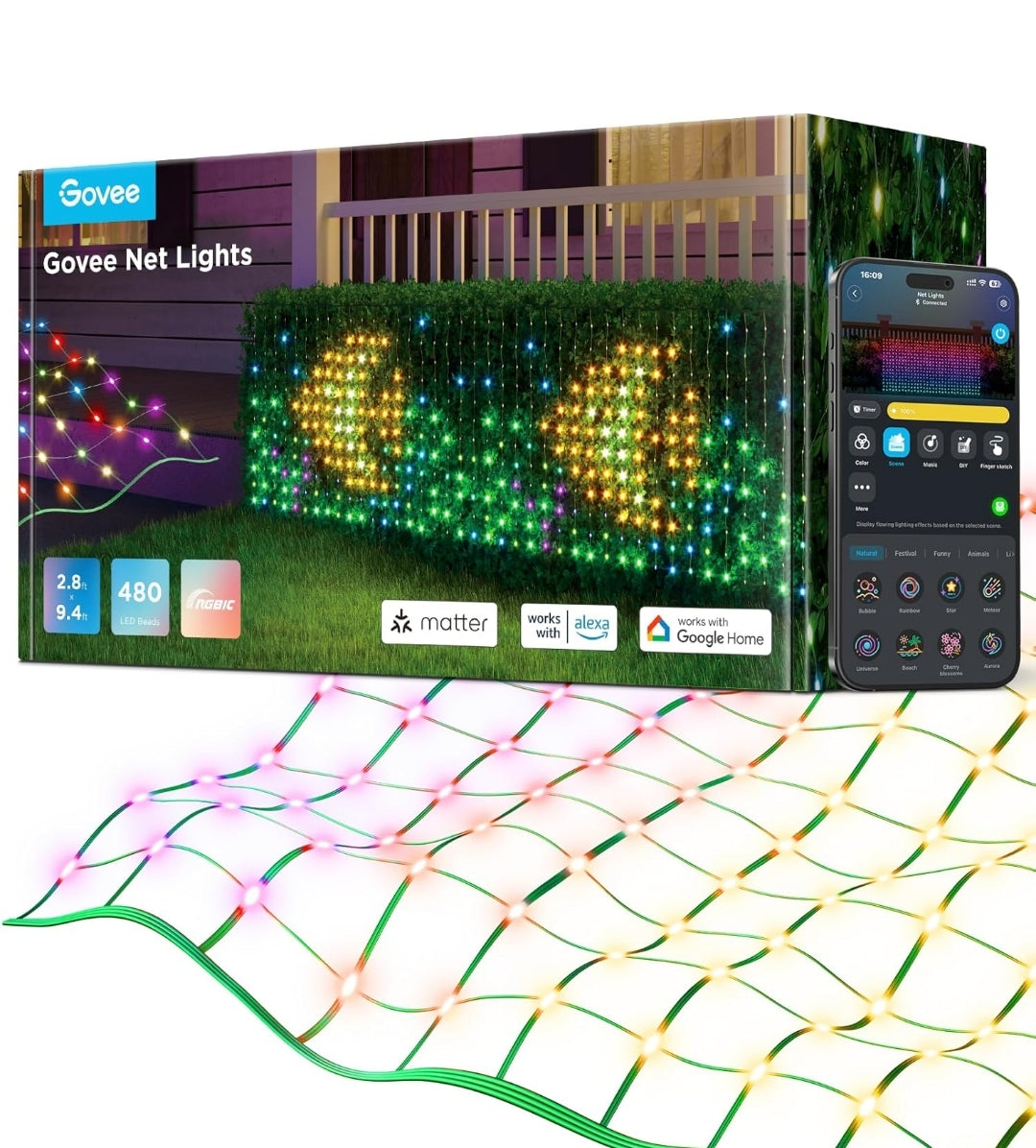 Govee Outdoor Net Lights, 2.8 × 9.4ft with RGBIC and DIY Functions, 480 LEDs Smart Net Lights with 64 Modes for Bush Patio Decor, IP65 Waterproof, Compatible with Alexa & Google Assistant, Green Wire