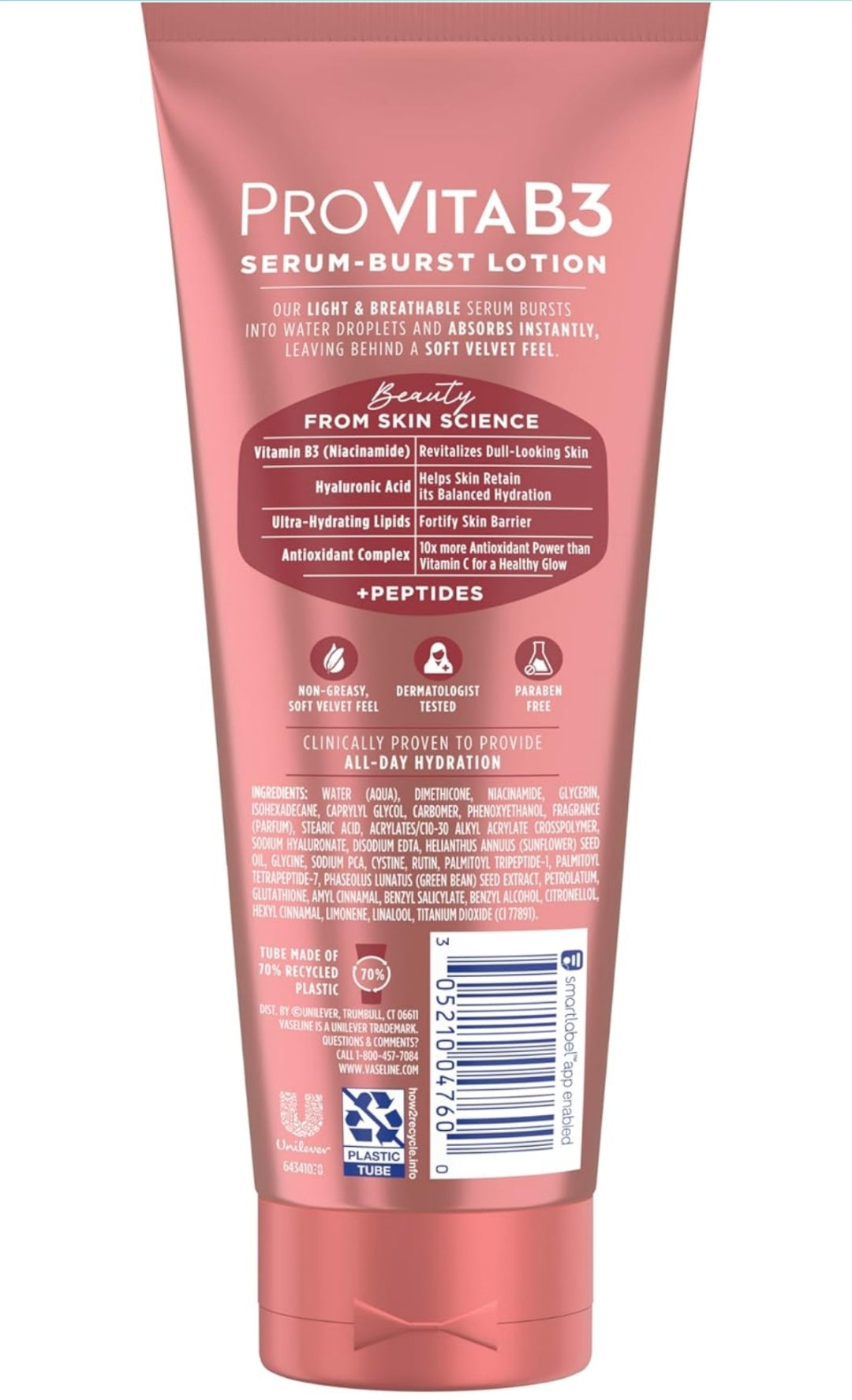 Vaseline Pro VitaB3 Serum Burst Lotion Supple & Soft Healthy, Hydrated Skin, Lightweight 10x Antioxidant Power of Vitamin C with Vitamin B3, Hyaluronic Acid & Peptides, 7.5 fl oz