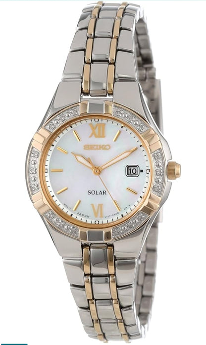 SEIKO Horlosie vir Vroue - Diamantversameling - met 18 Diamantaksente, Sonkrag, Pêrelmoer-Wysplaat, Tweekleurige Roosgoud Vlekvrye Staal Kas & Armband, en Waterbestand tot 50m