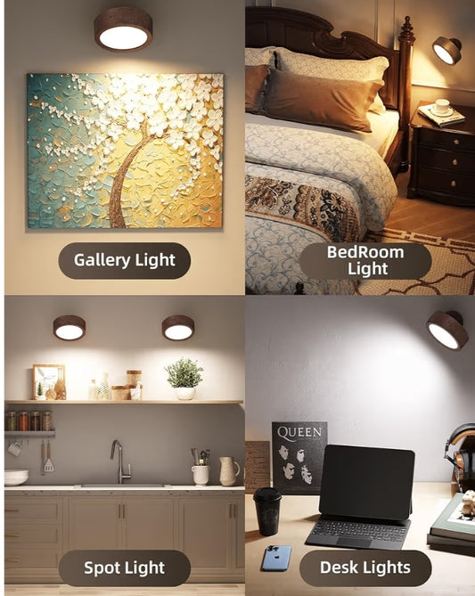 LED Wall Mounted Lights, 5500mAh Rechargeable 3 Color Temps & Remote and Touch Control, 360°Rotation Dimmable Cordless (3PK Walnut)
