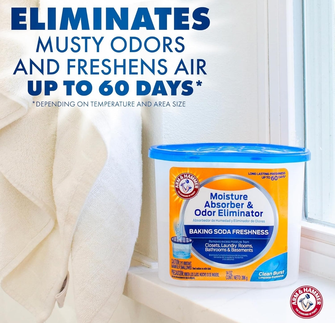 Arm & Hammer Clean Burst Moisture Absorber and Odor Eliminator Tubs -  (14 oz 3 Pack) Trap Excess Moisture - White
