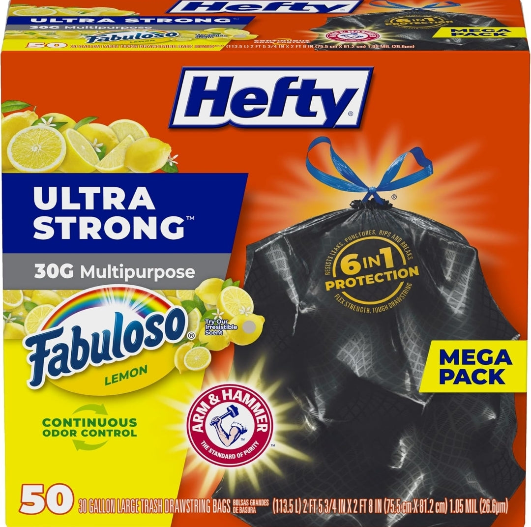 Hefty Ultra Strong 30 Gallon Trash Bags 30 Gallon Size Break Resistant Drawstring Closure (Black) Fabuloso Lemon Scent