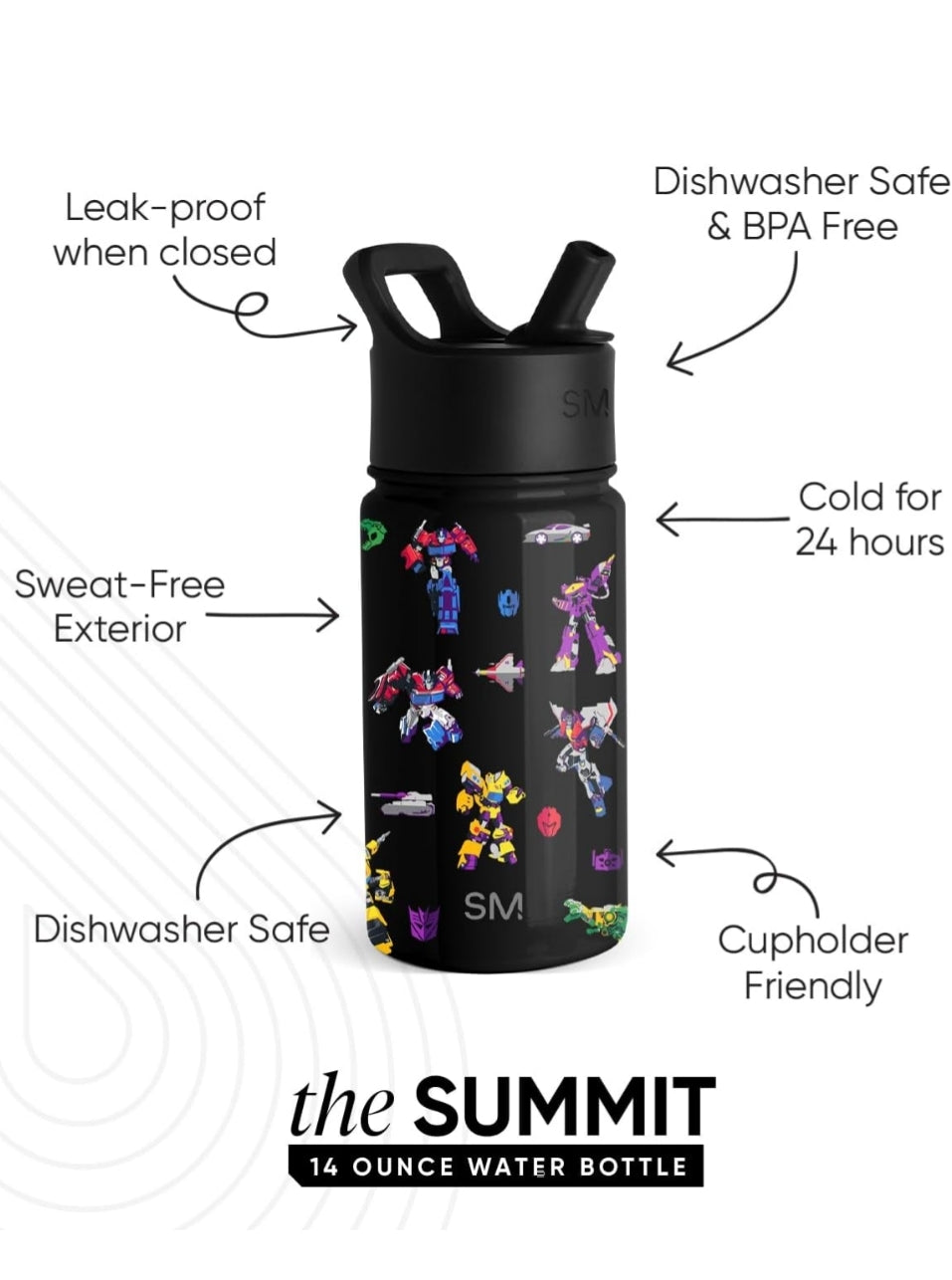 Simple Modern Kids Summit Water Bottle with Straw Lid | Transformers 14oz Stainless Steel Cup Insulated Tumbler for Toddlers, Boys, School | Transformer Block Nation