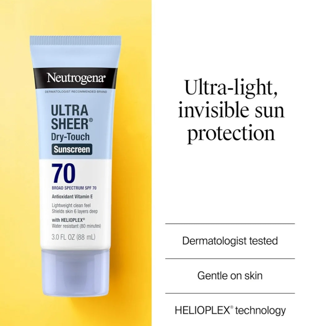 Neutrogena Ultra Sheer Dry-Touch Sonbrandroom SPF 70 Breëspektrum, Waterbestand Olievrye Mat Afwerking Reisgrootte (88,7 ml)
