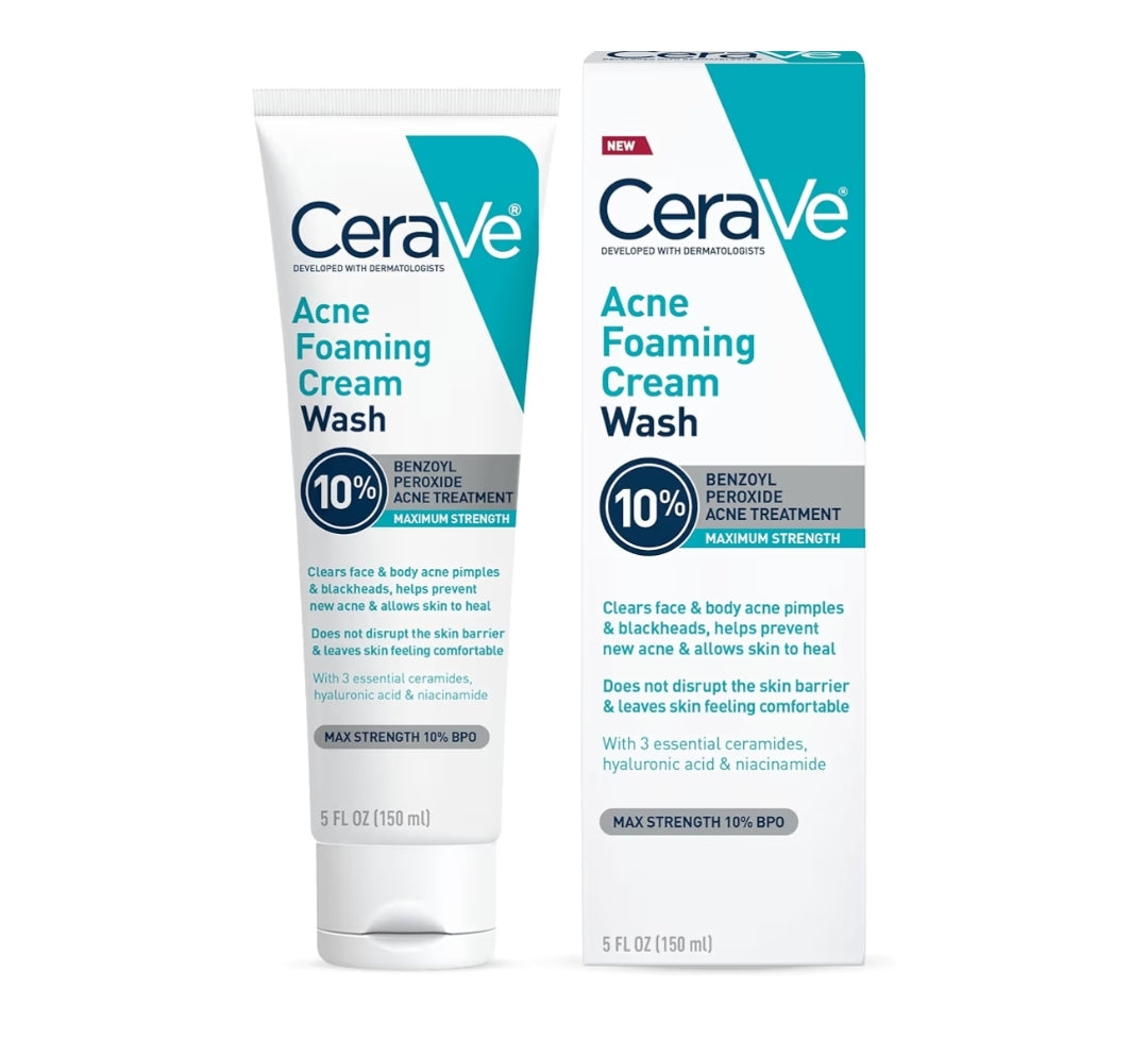 CeraVe Aknee-skuimroomwas, Sagte Gesig- en Liggaamsreiniger met Benseenperoksied 10%, Hialuronzuur en Niasinamied (142 g)