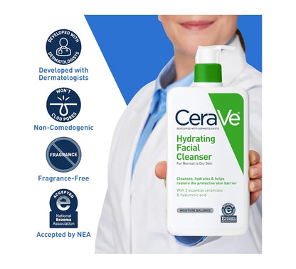 CeraVe Hydraterende Gesigsreiniger, Bevogtigende Gesigswas Vir Droë Vel, Hialuroonsuur + Seramiede + Gliserien Vir Normale Tot Droë Vel