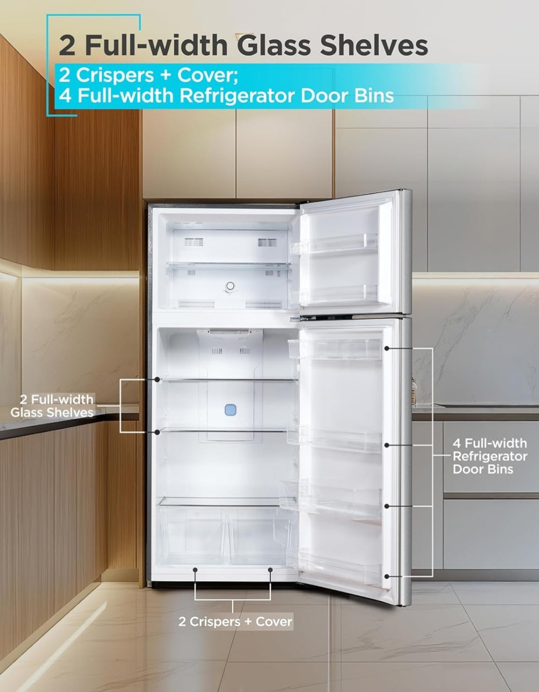BLACK+DEDECKER 14.6 Kub. Vt. Bo-op Yskas met Vleiskas, 2-Deur Yskas met Bo-Vleiskas en Verstelbare Temperatuurbeheer, ENERGY STAR, BR1460HS, Roesvrye Staal Voorkoms