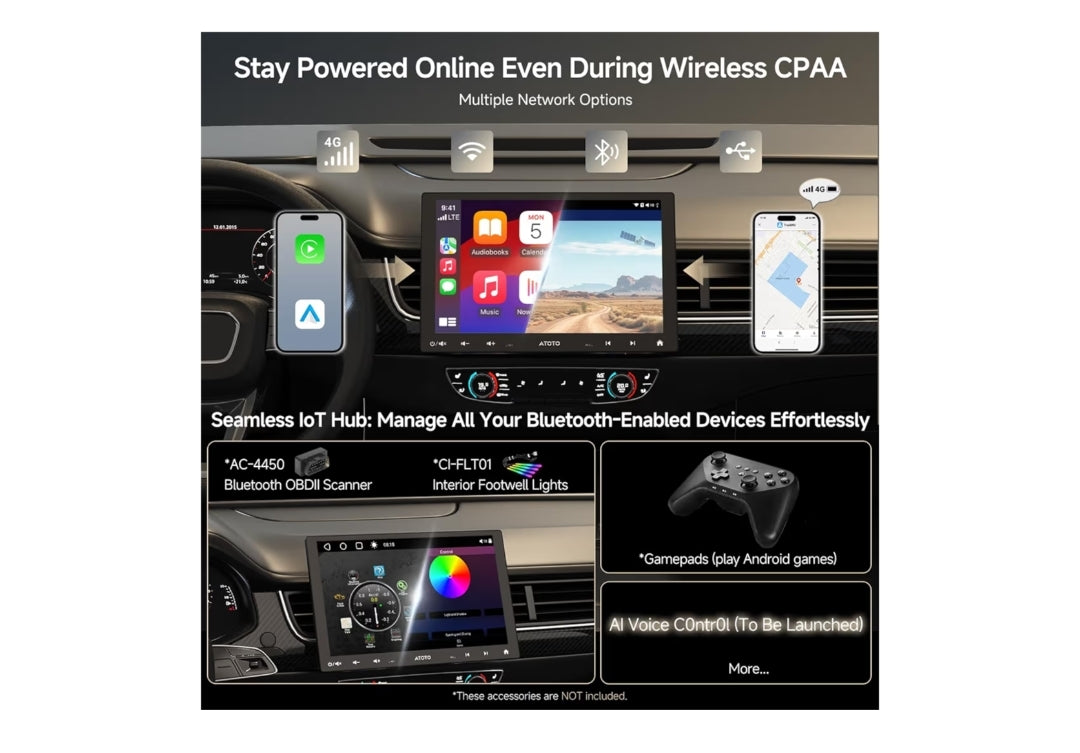 QLED 10" Dubbel-DIN & Enkel-DIN Aanpasbare Motorstereo Swewende Skerm Android 8 Kern 4GB+32GB, 4G LTE/Wi-Fi CarPlay & Android Auto, Dubbele Bluetooth, KI Klets, LD LRV