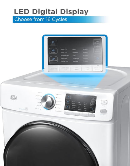 BLACK+DECKER 8.0 Kub. Vt. Elektriese Voorlaai Droër met Stoom, Klere Droër met LED Skerm, 12 Sikluskeuses, ENERGY STAR, 240V Masjien Vereis Professionele Installasie, BFLD80ME, Wit