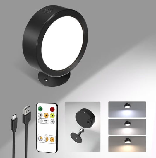 LED Wall Mounted Lights, 5500mAh Rechargeable Wall Light Remote and Touch Control, 360°Rotation Dimmable Cordless (Black)
