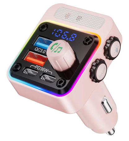54W Bluetooth 5.3 Motorkaradapter m/ 4 Laaipoorte, Koordlose Radio FM-sender & 5 Kleure LED-agtergrondlig, Hands-free Oproepe - Pink