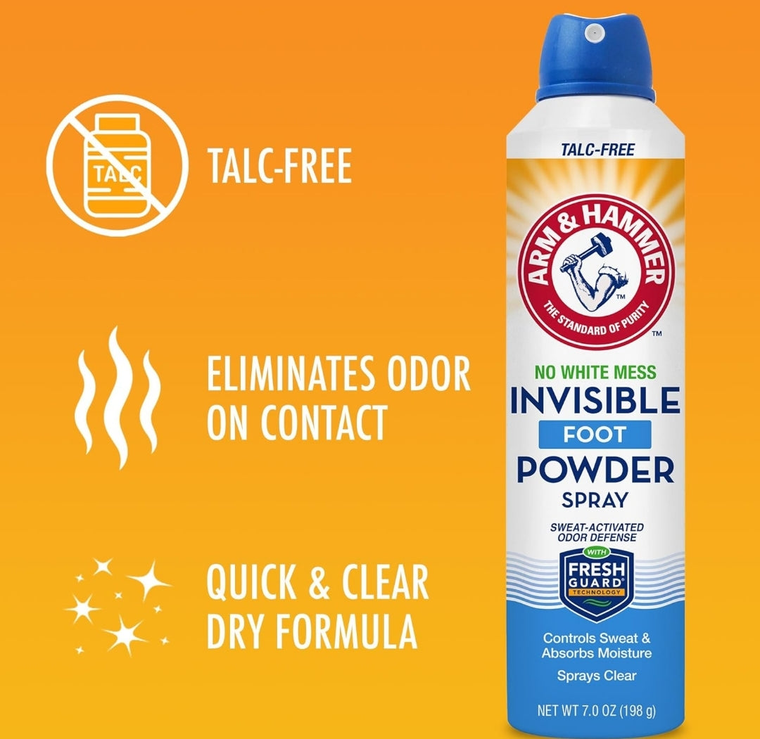 Arm & Hammer Invisible Foot Powder Spray, Clear Talc-Free Foot Odor & Sweat Control 7oz (1 Pack)
