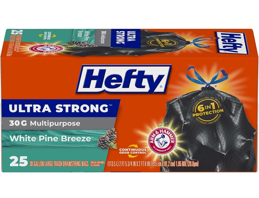 Hefty Ultra Strong 30 Gallon Trash Bags, Large Trash Break Resistant Drawstring Closure (Black) White Pine Breeze Scent, 25 Bags
