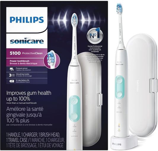 Philips Sonicare ProtectiveClean 5100 Herlaaibare Elektriese Tandeborsel, met Druksensor, 3 Skoonmaakmodusse, SmarTimer en QuadPacer Reiskas - Wit, Model HX6857/11