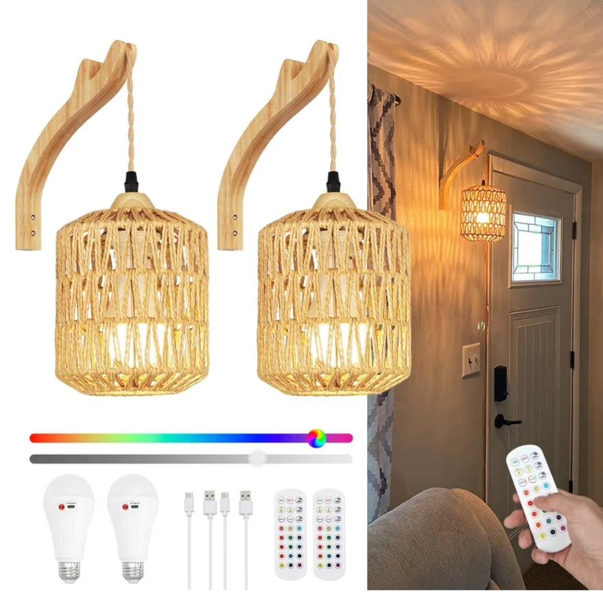 Boho Herlaaibare Muurligte Stel van Twee m/ Afstandbeheer, RGB 15 Kleure Verstelbare Battery-Aangedrewe Muurlig, Draadlose Muurlamp vir Binneshuis