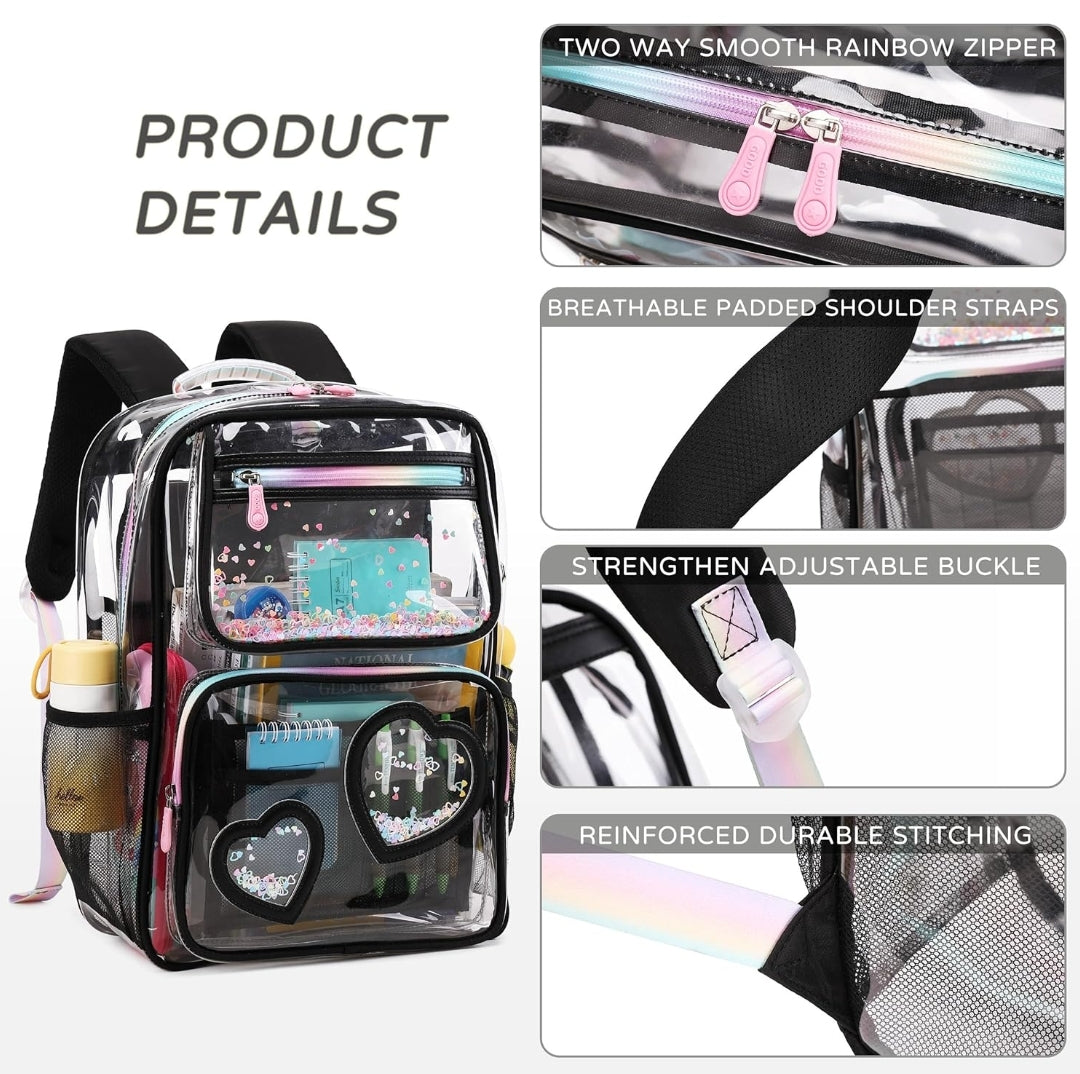Clear Backpack for Girls Women Transparent Kids Elementary College School Bag Travel Laptop Backpacks Large Bookbags (Black)