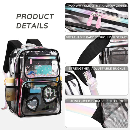Clear Backpack for Girls Women Transparent Kids Elementary College School Bag Travel Laptop Backpacks Large Bookbags (Black)