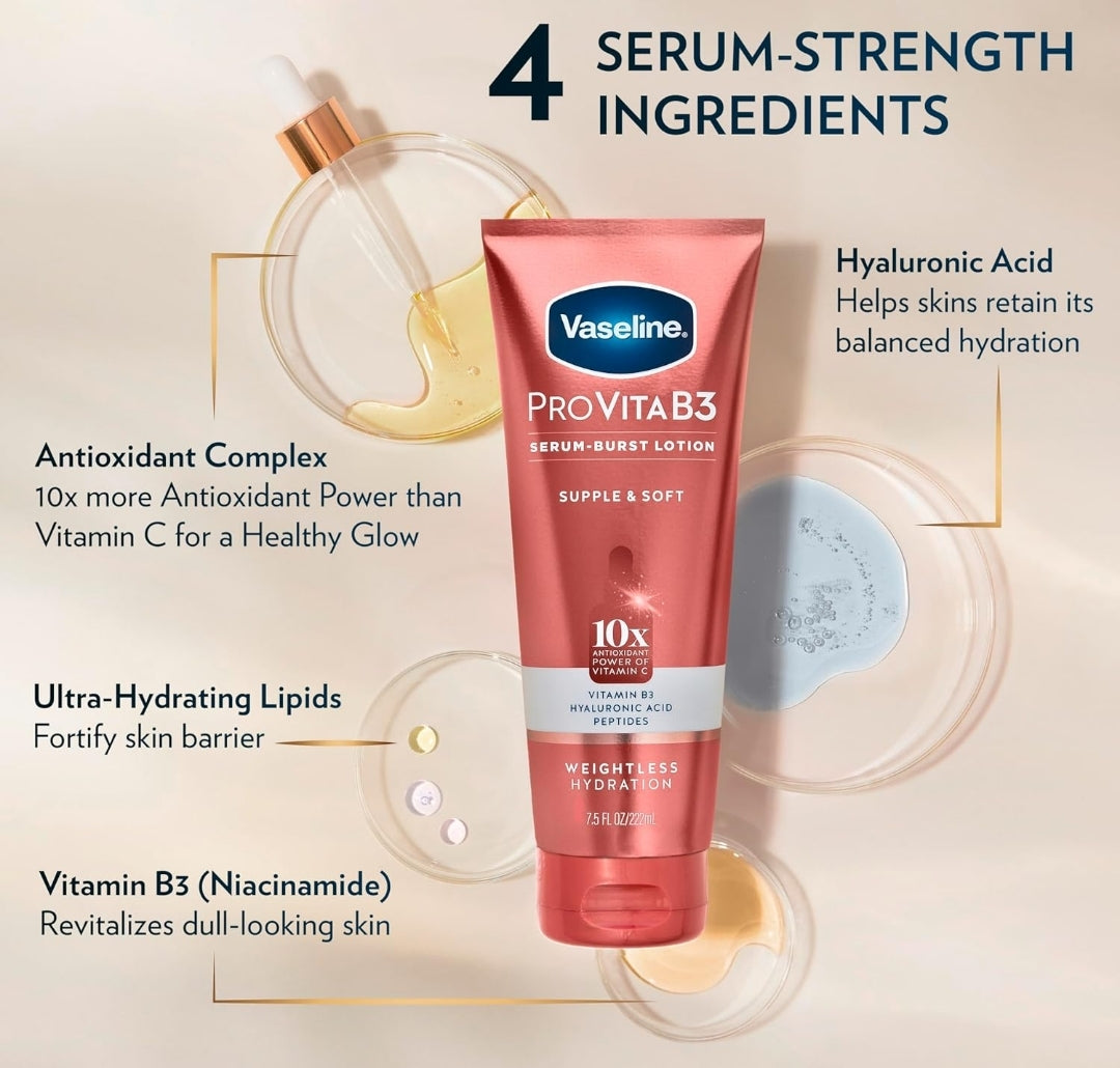 Vaseline Pro VitaB3 Skin Care Serum Burst for Healthy, Glowing Skin Luminous Glow & Supple & Soft 10x Antioxidant Power of Vitamin C with Vitamin B3, Hyaluronic Acid 7.5 fl oz 2Pk