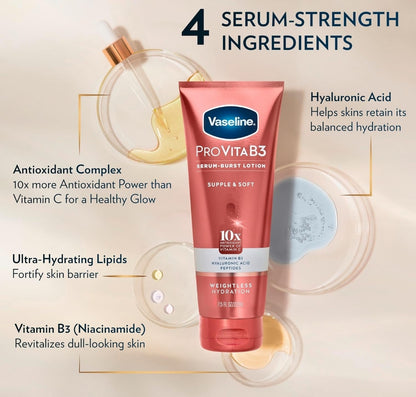 Vaseline Pro VitaB3 Skin Care Serum Burst for Healthy, Glowing Skin Luminous Glow & Supple & Soft 10x Antioxidant Power of Vitamin C with Vitamin B3, Hyaluronic Acid 7.5 fl oz 2Pk