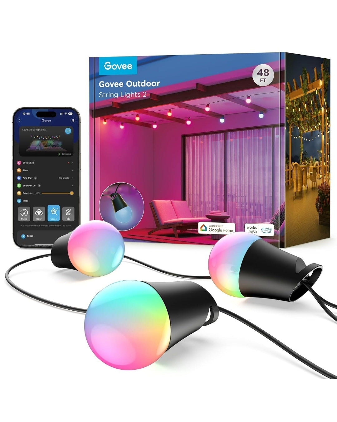 Govee Smart Outdoor String Lights 2, 48ft Outdoor Lights with Dimmable Warm White LED Bulbs, 47 Scene Modes for Patio, Backyard, Balcony, IP65 Waterproof, Works with Alexa, App Control