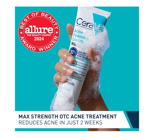 CeraVe Aknee Skuimende Room Was met Bensielperoksied 10%, Hialuronzuur, en Niasienamied, 10% Bensielperoksied (142g)