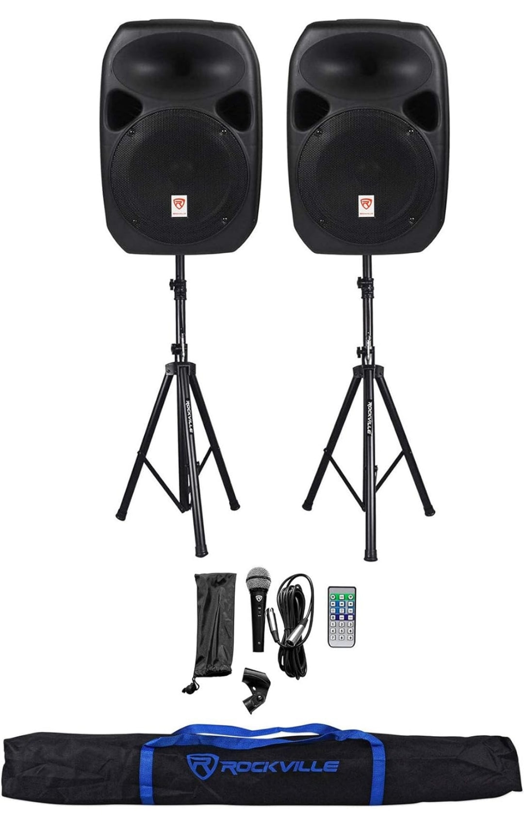 Rockville Power GIG RPG-122K All In One DJ/PA Package (2) 12" DJ/PA Speakers 1000 Watts Peak Power/250 Watts RMS with Built in Bluetooth, USB/SD Player, FM Tuner, Speaker Stands and a Wired Microphone