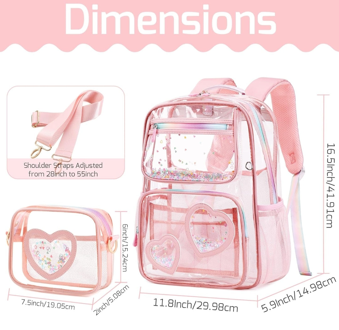 Girls Clear Backpack,2 PCS Large Backpacks Set,Heavy Duty Bookbag Stadium Approved Daypack Transparent Women Bag See Through Daypack for Kids Elementary Middle School Students Teens Sport Pink
