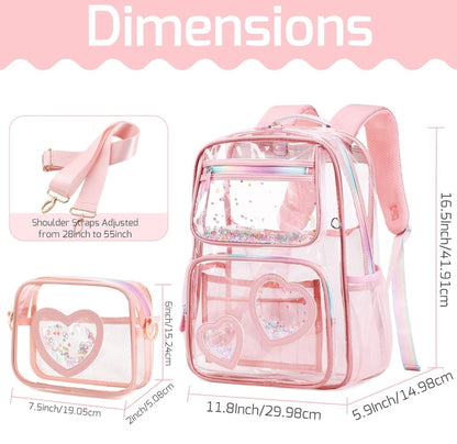 Girls Clear Backpack,2 PCS Large Backpacks Set,Heavy Duty Bookbag Stadium Approved Daypack Transparent Women Bag See Through Daypack for Kids Elementary Middle School Students Teens Sport Pink